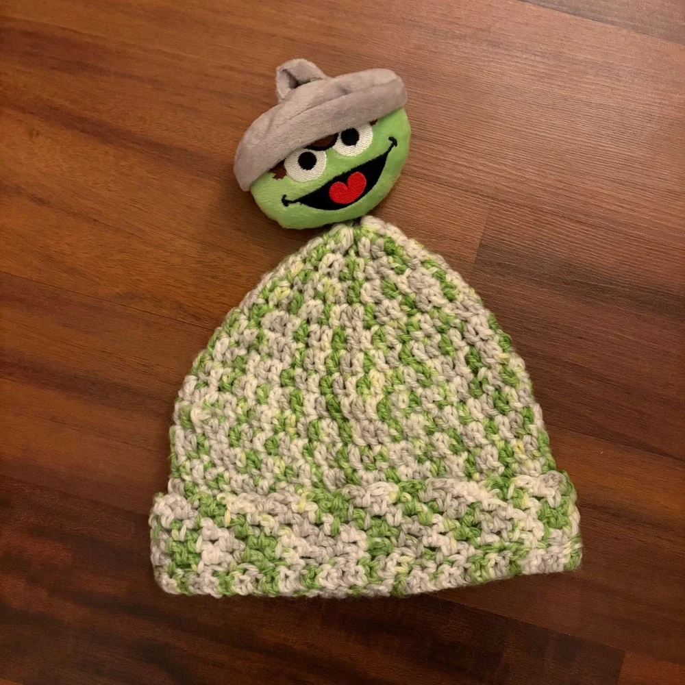 Handmade Green Grey Speckled Grover Crochet Beanie Hat‎ Kids Sesame Street
